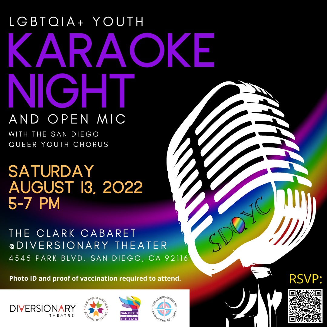 Karaoke event flyer with colorful rainbow background and a stylized two tone microphone. There is a QR code to RSVP
